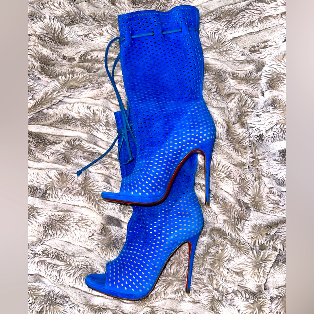 Christian Louboutin Jennifer Perforated Peep Toe Suede Boots